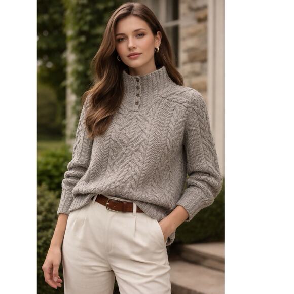 Lauren Ralph Lauren Sweaters - Ralph Lauren Hand Knit 100% Wool Fisherman Sweater Aran Knit Grey Petit Medium